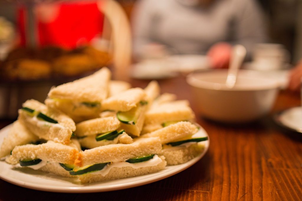A plate of cucumber tea sandwiches.