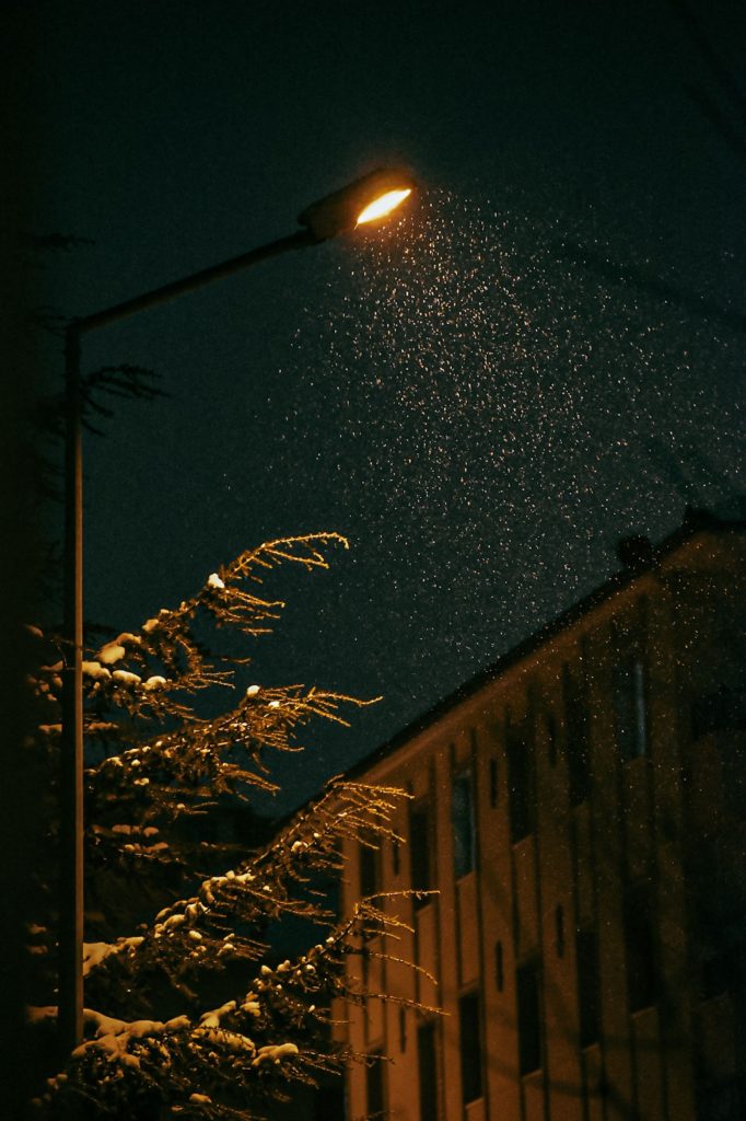 Snow falling under a streetlight at night.